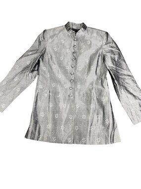 Kasper & Company Womens Silver Floral Brocade Mandarin Collar Jacket Size 8